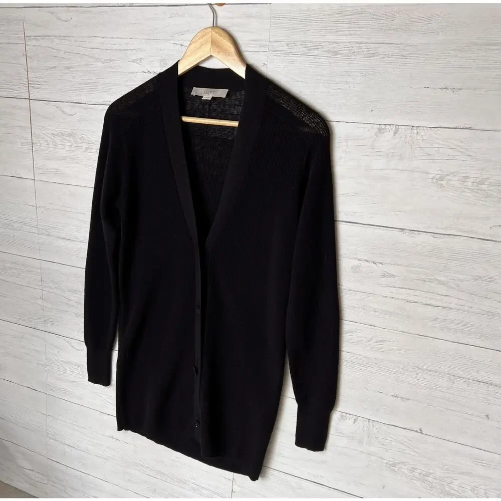 Loft Cardigan Womens Size XS Black Button Down Linen Blend Fabric Buttons